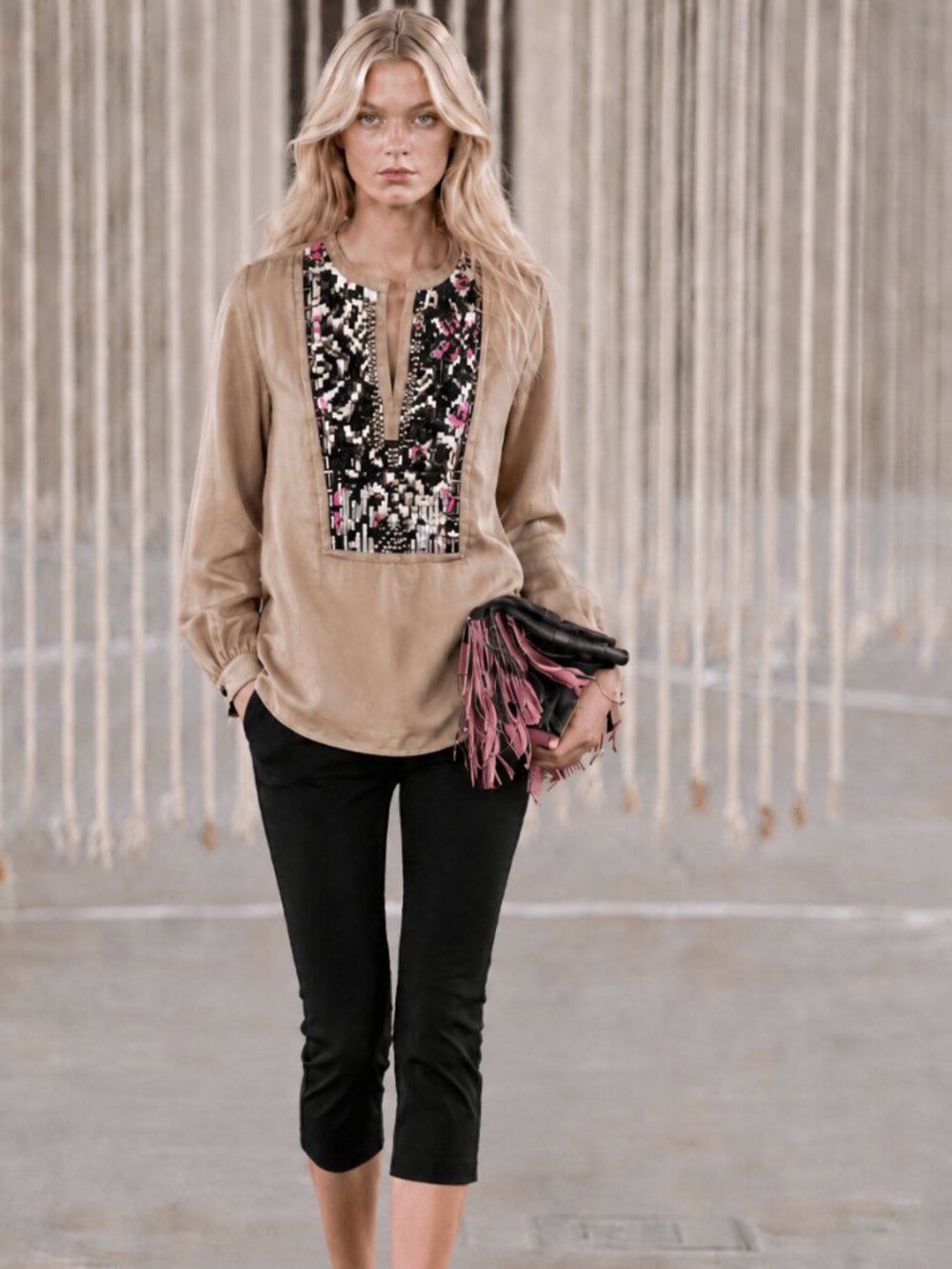 Silk blend Tunic with silver stud details along neckline